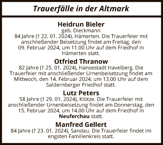 Todesanzeige von Trauerfälle in der Altmark von UEL