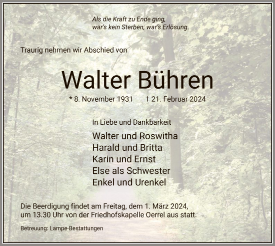 Todesanzeige von Walter Bühren von UEL