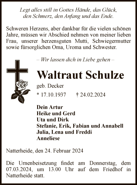 Todesanzeige von Waltraut Schulze von UEL