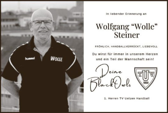 Todesanzeige von Wolfgang Steiner von UEL