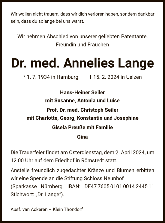 Todesanzeige von Annelies Lange von UEL