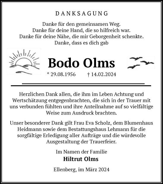 Todesanzeige von Bodo Olms von UEL