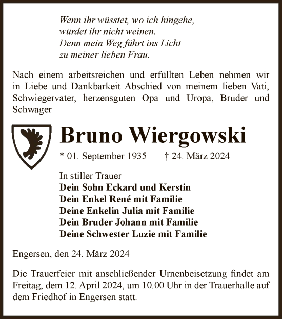 Todesanzeige von Bruno Wiergowski von UEL