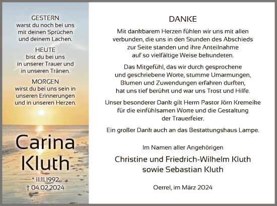 Todesanzeige von Carina Kluth von UEL