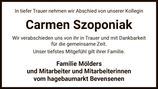Todesanzeige von Carmen Szoponiak von UEL