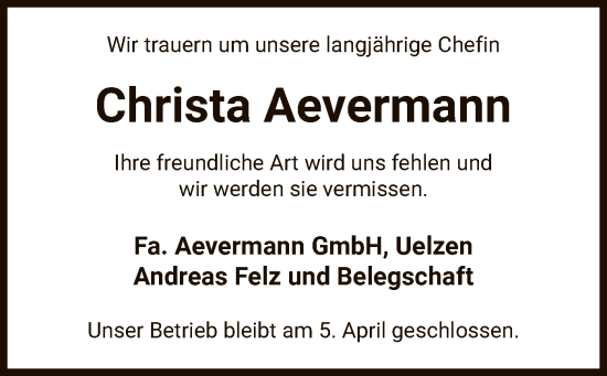 Todesanzeige von Christa Aevermann von UEL