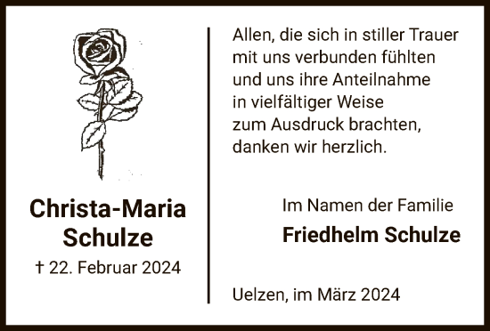 Todesanzeige von Christa-Maria Schulze von UEL