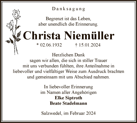 Todesanzeige von Christa Niemüller von UEL