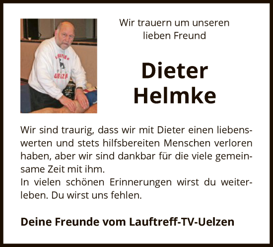 Todesanzeige von Dieter Helmke von UEL