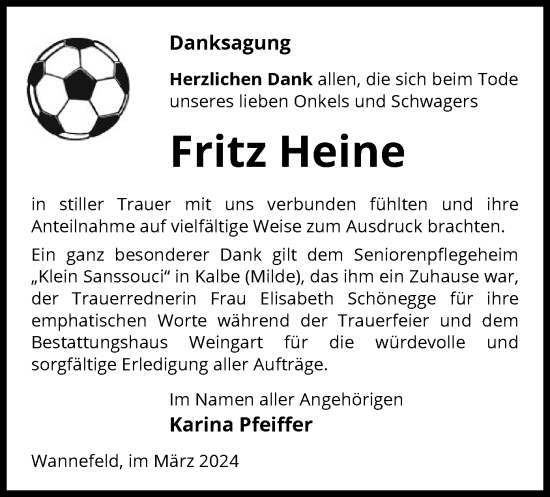 Todesanzeige von Fritz Heine von UEL