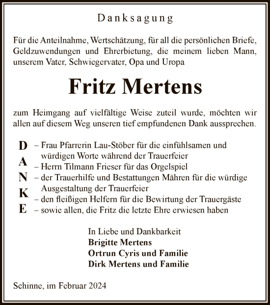 Todesanzeige von Fritz Mertens von UEL