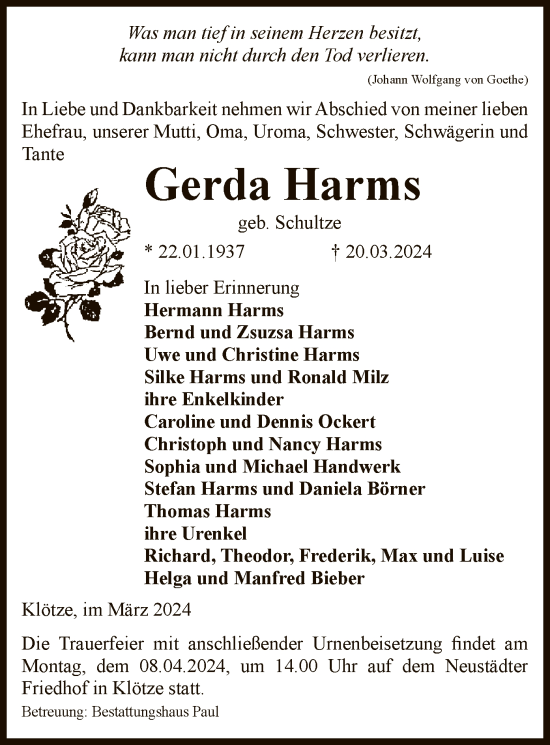 Todesanzeige von Gerda Harms von UEL