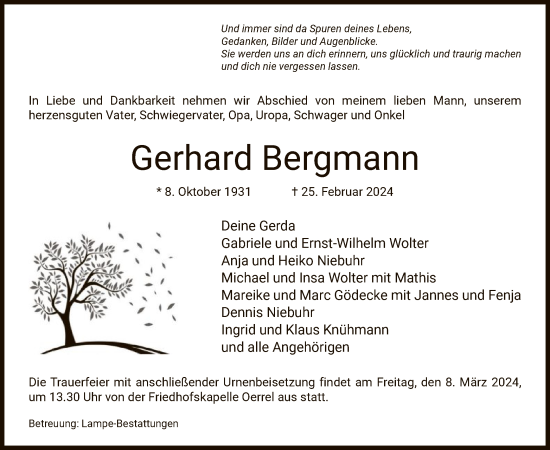 Todesanzeige von Gerhard Bergmann von UEL