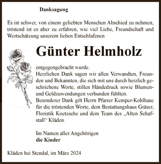 Todesanzeige von Günter Helmholz von UEL