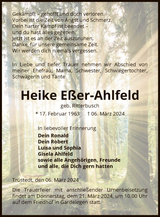 Todesanzeige von Heike Eßer-Ahlfeld von UEL