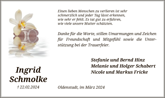 Todesanzeige von Ingrid Schmolke von UEL