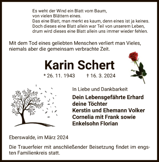 Todesanzeige von Karin Schert von UEL