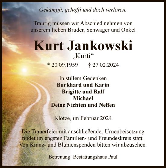 Todesanzeige von Kurt Jankowski von UEL