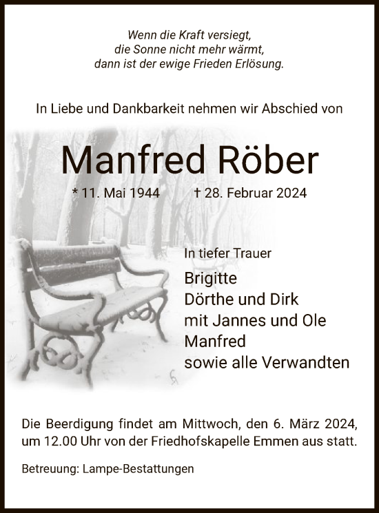 Todesanzeige von Manfred Röber von UEL