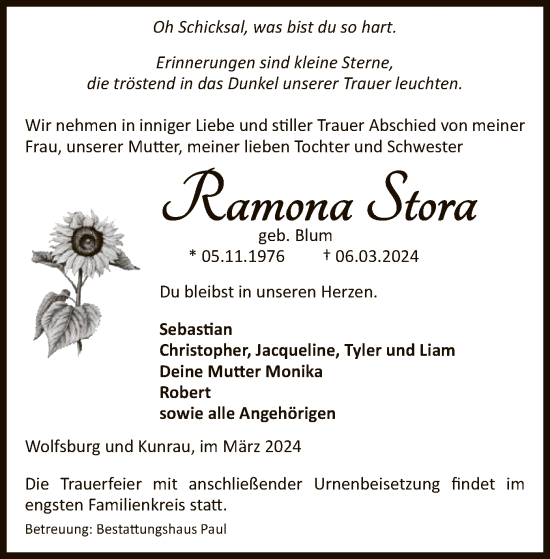 Todesanzeige von Ramona Stora von UEL