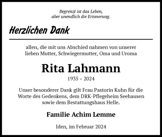 Todesanzeige von Rita Lahmann von UEL