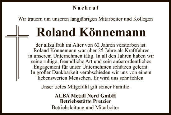 Todesanzeige von Roland Könnemann von UEL