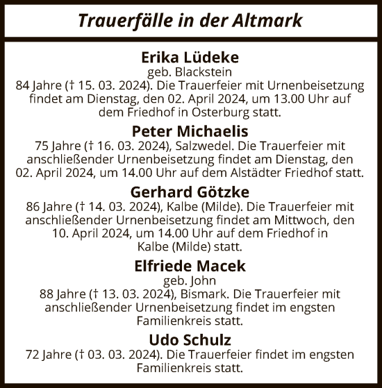 Todesanzeige von Sterbetafel vom 21.03.2024 von UEL