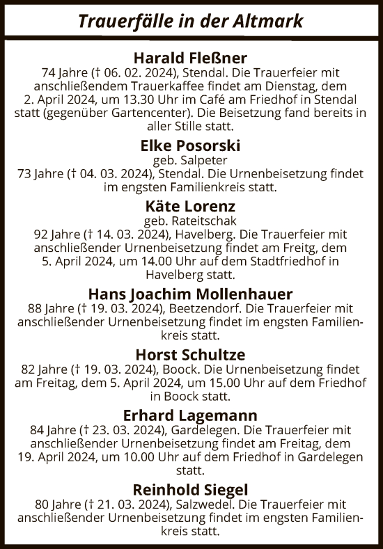 Todesanzeige von Sterbetafel vom 28.03.2024 von UEL