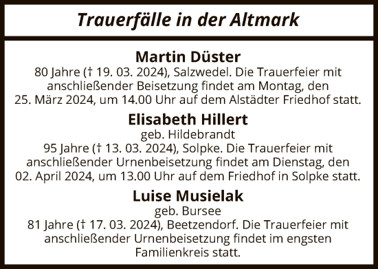 Todesanzeige von Totentafel vom 22.03.2024 von UEL