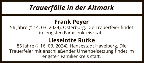 Todesanzeige von Totentafel vom 23.03.2024 von UEL