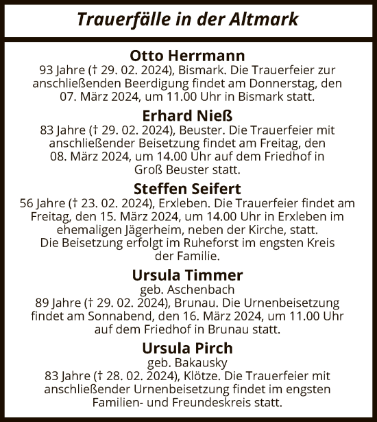 Todesanzeige von Trauerfälle in der Altmark von UEL