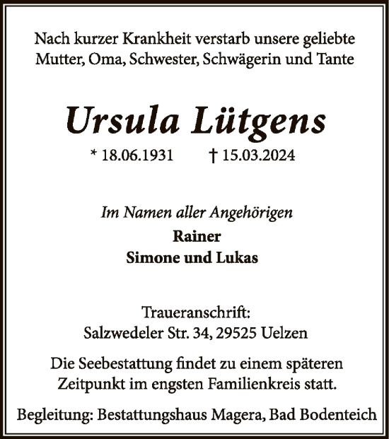 Todesanzeige von Ursula Lütgens von UEL