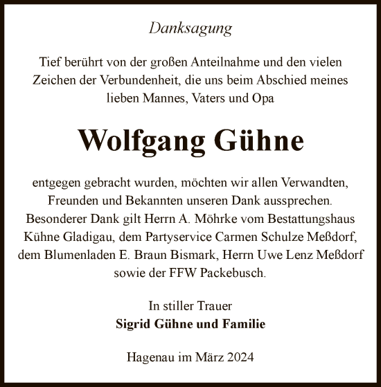 Todesanzeige von Wolfgang Gühne von UEL