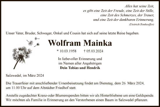 Todesanzeige von Wolfram Mainka von UEL