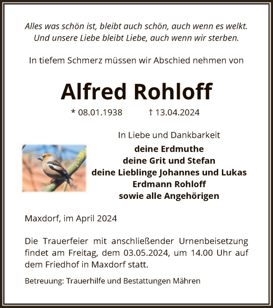 Todesanzeige von Alfred Rohloff von UEL