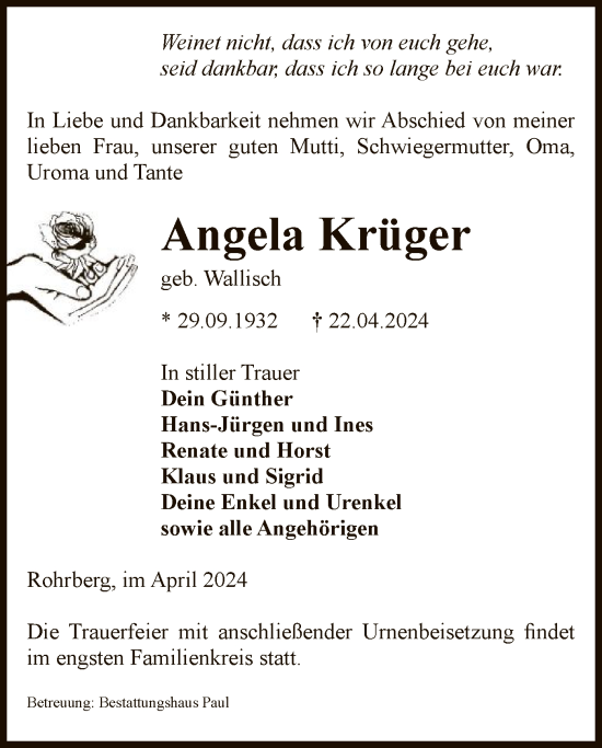 Todesanzeige von Angela Krüger von UEL