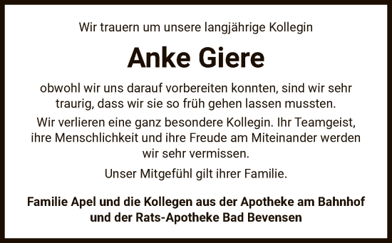 Todesanzeige von Anke Giere von UEL