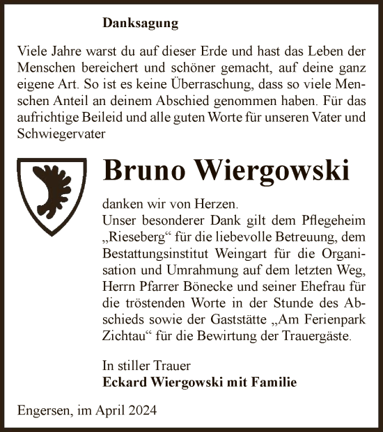 Todesanzeige von Bruno Wiergowski von UEL
