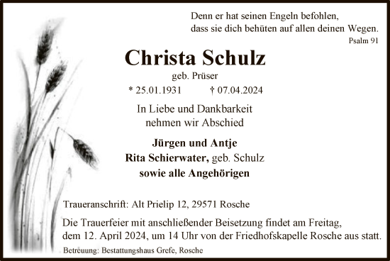 Todesanzeige von Christa Schulz von UEL