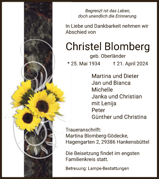 Todesanzeige von Christel Blomberg von UEL