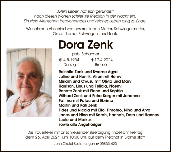 Todesanzeige von Dora Zenk von UEL