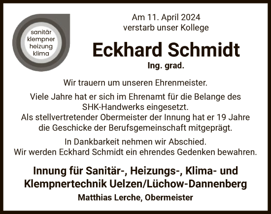 Todesanzeige von Eckhard Schmidt von UEL