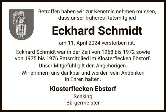 Todesanzeige von Eckhard Schmidt von UEL