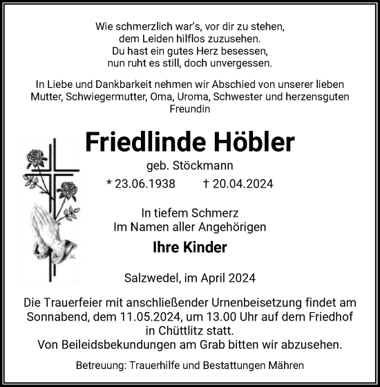 Todesanzeige von Friedlinde Höbler von UEL