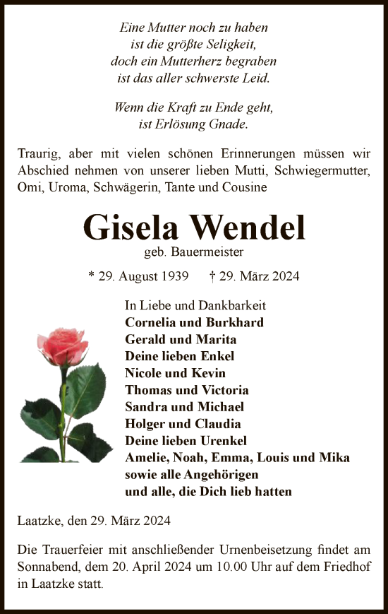 Todesanzeige von Gisela Wendel von UEL