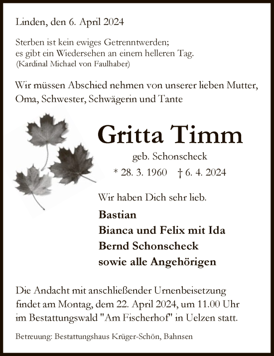 Todesanzeige von Gritta Timm von UEL