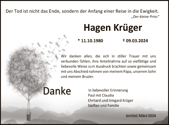 Todesanzeige von Hagen Krüger von UEL