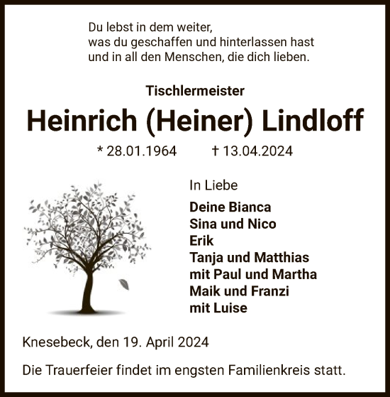 Todesanzeige von Heinrich Lindloff von UEL