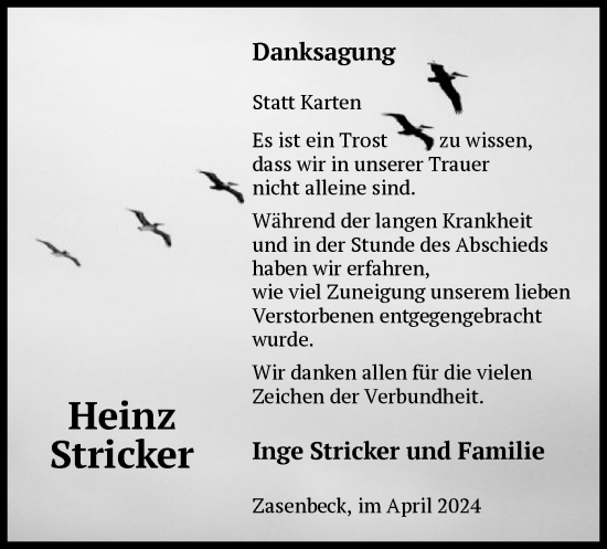 Todesanzeige von Heinz Stricker von UEL