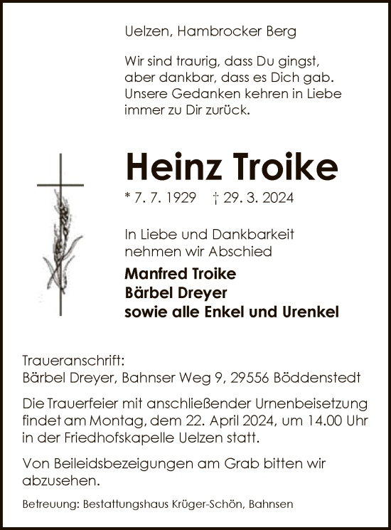 Todesanzeige von Heinz Troike von UEL